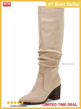 Pointed Toe Knee High Boots Faux Suede Mid Chunky Heel Side Zip Wide Calf